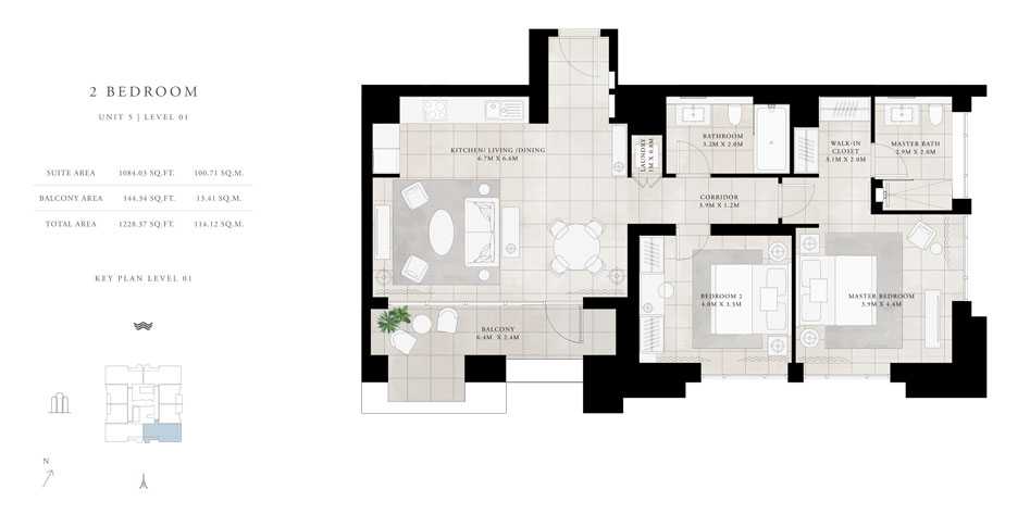 2-Bed, Unit-5,Level-01,Size-1228.37-sq.ft